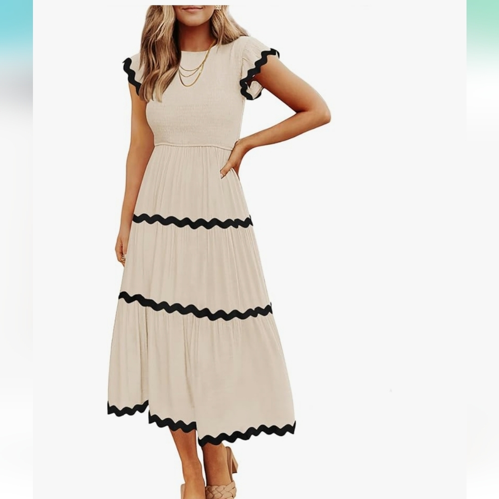 Cream and Black Ruffle Midi Dress NWOT